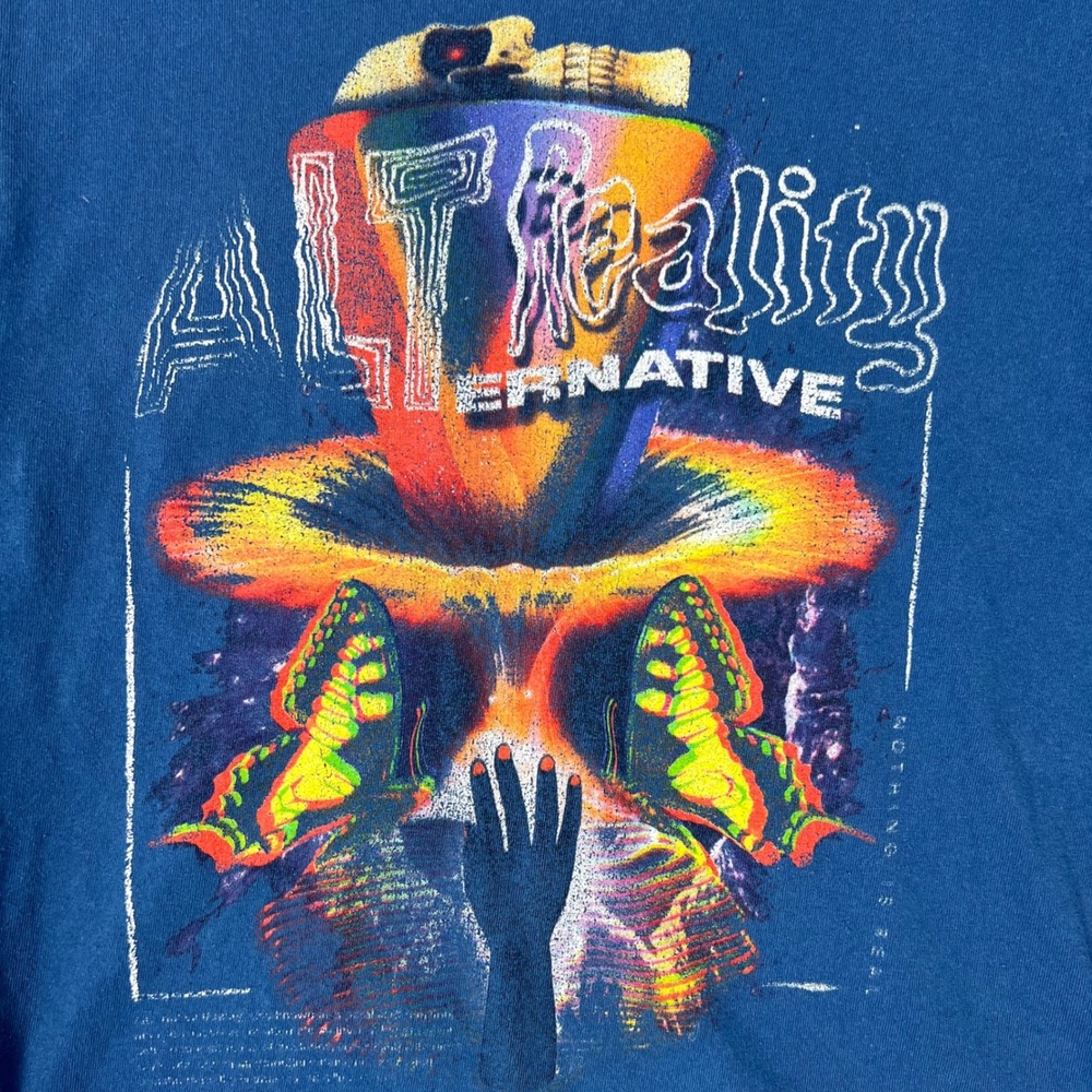 Psychedelic Butterfly Skull Graphic Tee Men's L Blue Alt Reality Alternative